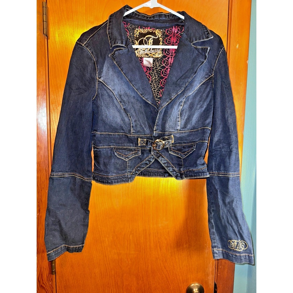 Fabulosity Kimora Lee Simmons Vintage Dark Denim Jacket Logo Buckle Large